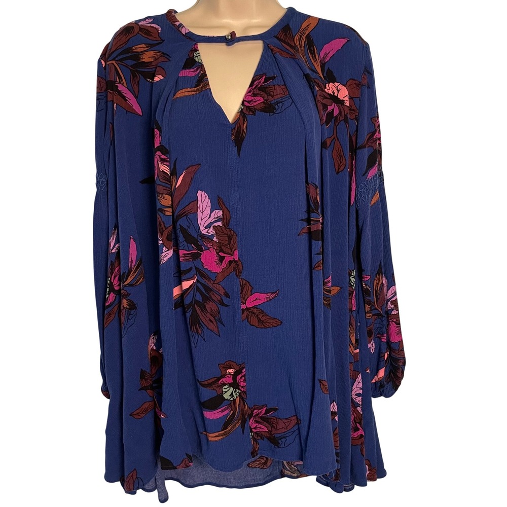 Free People Tree Swing Tunic Mini Dress Size M Blue Floral Flowy Boho Festival